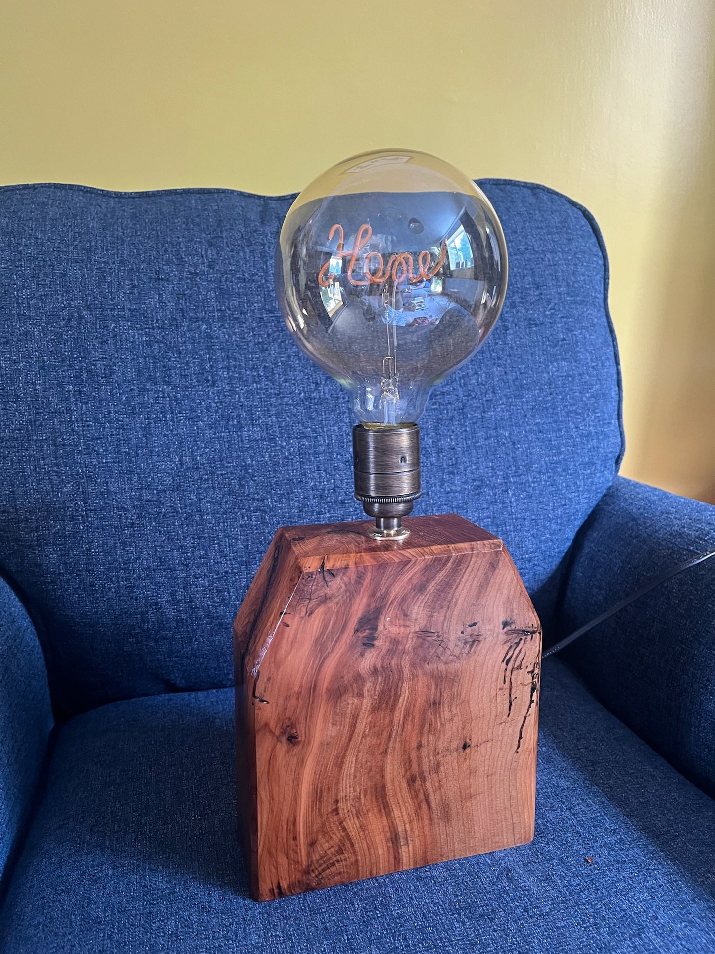 Wooden Lamp with ‘Home’ Bulb